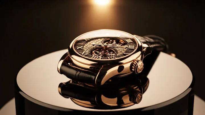 Close-up of a watch on a dark pedestal