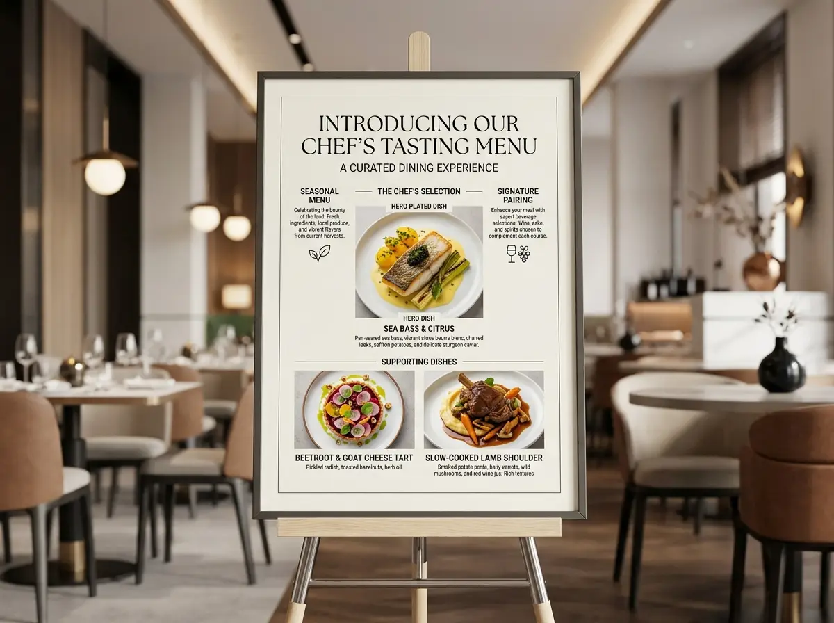 A restaurant explainer board featuring plated food and clear section labels